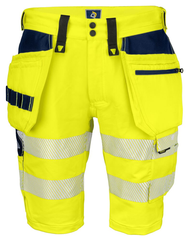 6575 SIGNALISATIE STRETCHSHORT MET SPIJKERZAKKEN EN ISO 20471 KLASSE 2/1 — Geel/Marine