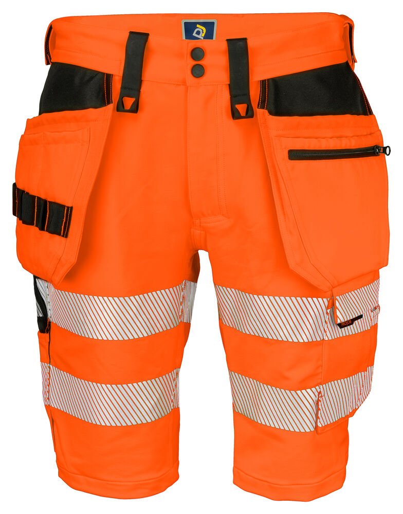 6575 SIGNALISATIE STRETCHSHORT MET SPIJKERZAKKEN EN ISO 20471 KLASSE 2/1 — Oranje/Zwart