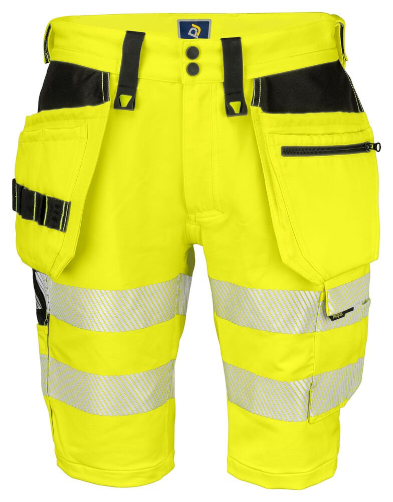 6575 SIGNALISATIE STRETCHSHORT MET SPIJKERZAKKEN EN ISO 20471 KLASSE 2/1 — Geel/Zwart